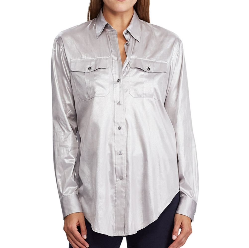 Ralph Lauren Long Sleeve Metallic Charmeuse  Silver Shirt XL